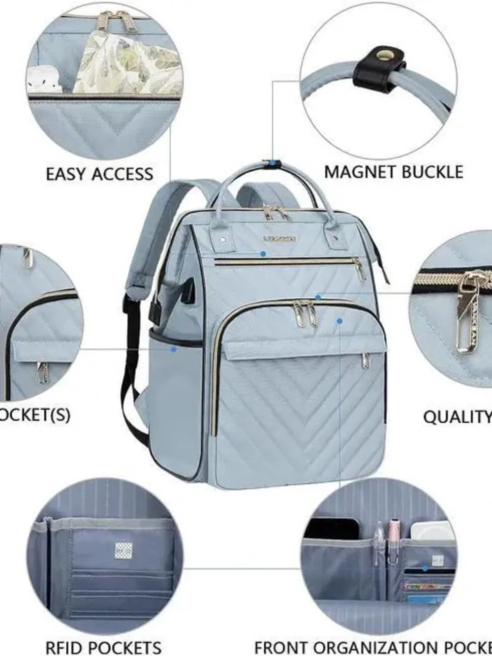 Vankean Backpack: Quilted Light Blue Backpack Tote for Women